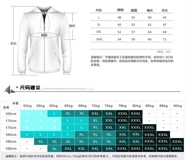 男士羽绒服尺码对照表