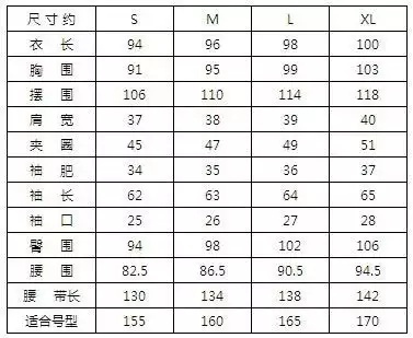 Title:羽绒服标准尺码对照表