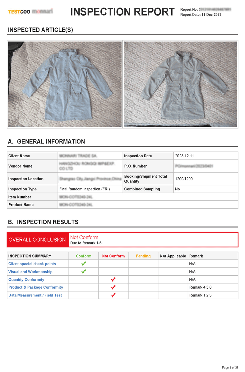 Title: Quality Inspection Report of Down Jackets